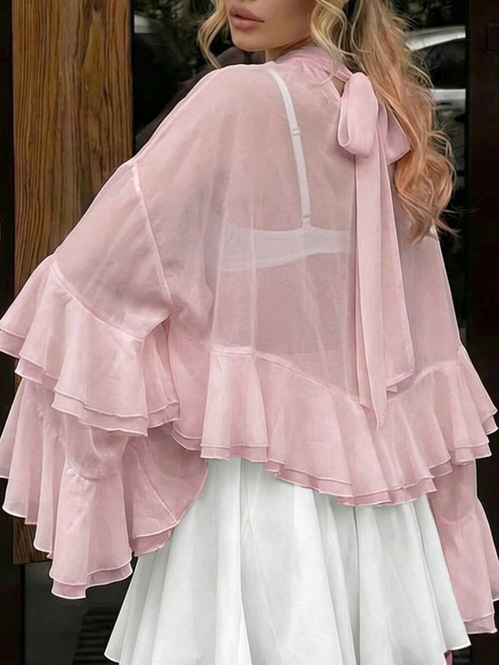 Pink Luxury Elegant Women's Chiffon Ruffle Cuff High Collar Blouse - Picture 2 of 8